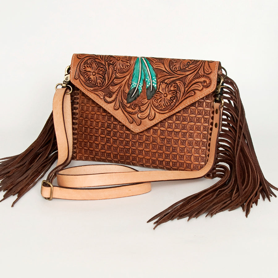 American Darling Hand Tooled Floral Carved Leather Envelope with Fringes - Uhorse