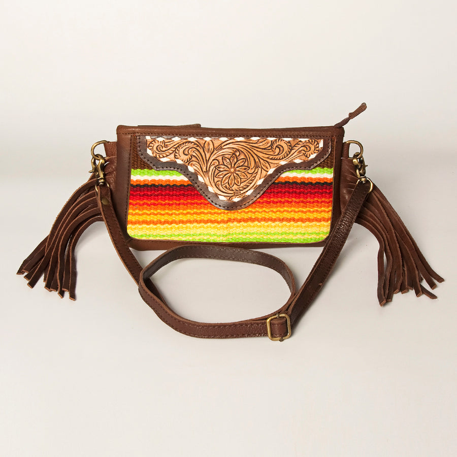 American Darling Women's Hand Tooled Floral Carved Leather Small Cross body Bag with Hand Woven Saddle Blanket and Fringes