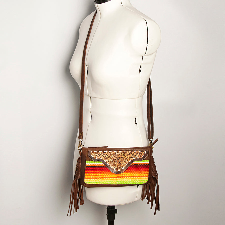 American Darling Women's Hand Tooled Floral Carved Leather Small Cross body Bag with Hand Woven Saddle Blanket and Fringes