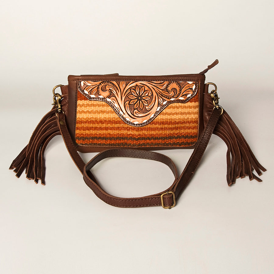 American Darling Women's Hand Tooled Floral Carved Leather Small Cross body Bag with Hand Woven Saddle Blanket and Fringes