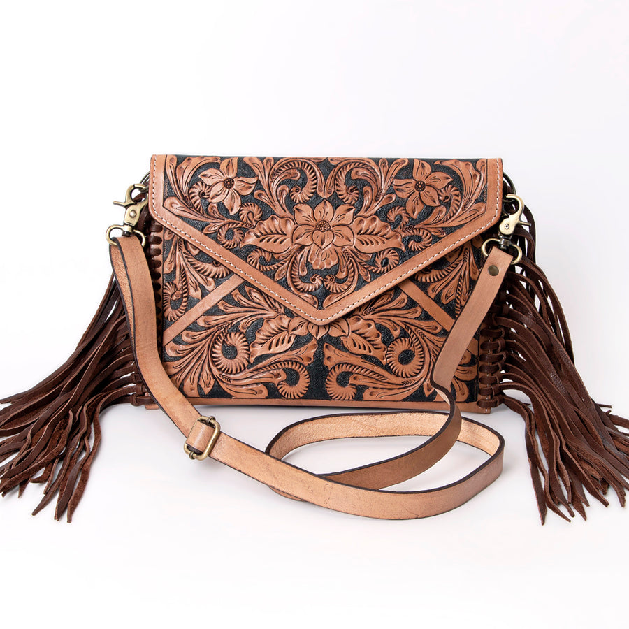 American Darling Leather Envelope for Women - Hand Tooled Floral Carved Genuine Leather Crossbody with Fringes & YKK Zipper
