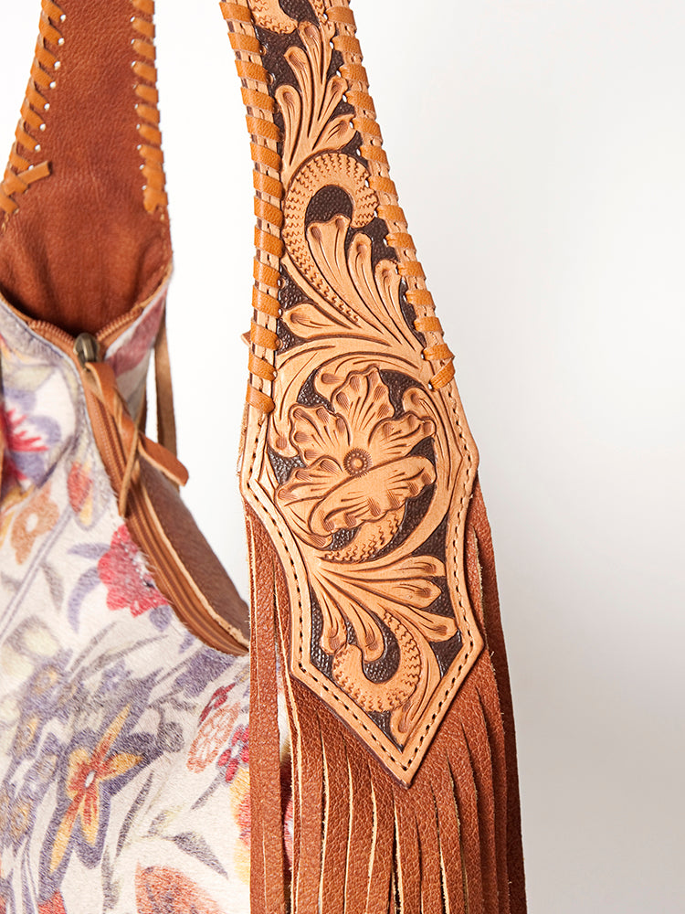 American Darling Hobo Bag for Women, Hand Tooled Floral Leather & Hair-On Cowhide Western Purse with Fringes & YKK Zipper