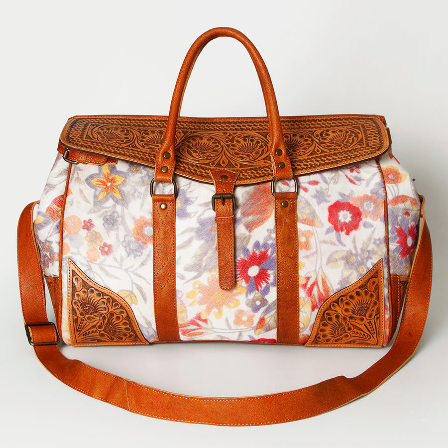 American Darling Duffel Bag Hand Tooled Floral Carved Hair-On Cowhide Genuine Vegetable Tanned Leather Travel Bag YKK Zipper