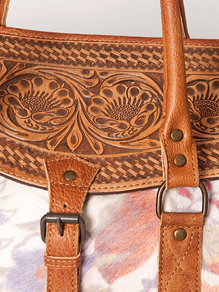 American Darling Duffel Bag Hand Tooled Floral Carved Hair-On Cowhide Genuine Vegetable Tanned Leather Travel Bag YKK Zipper