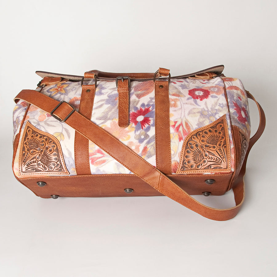 American Darling Duffel Bag Hand Tooled Floral Carved Hair-On Cowhide Genuine Vegetable Tanned Leather Travel Bag YKK Zipper
