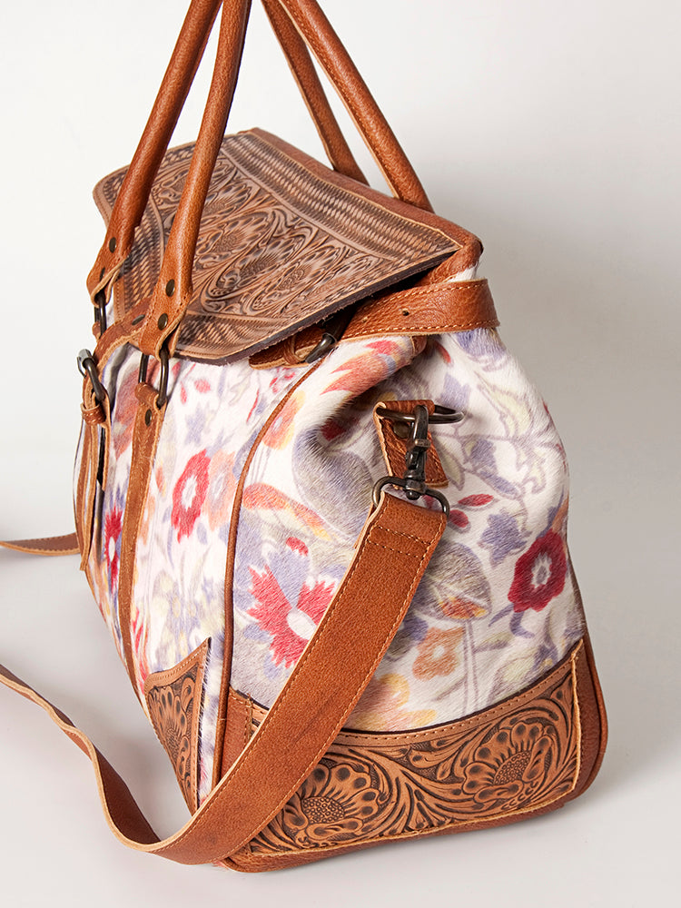 American Darling Duffel Bag Hand Tooled Floral Carved Hair-On Cowhide Genuine Vegetable Tanned Leather Travel Bag YKK Zipper