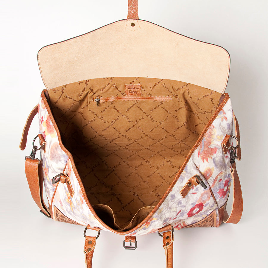 American Darling Duffel Bag Hand Tooled Floral Carved Hair-On Cowhide Genuine Vegetable Tanned Leather Travel Bag YKK Zipper