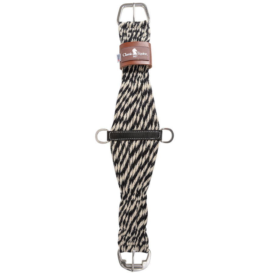 Black and white striped girth with leather and metal hardware - Uhorse