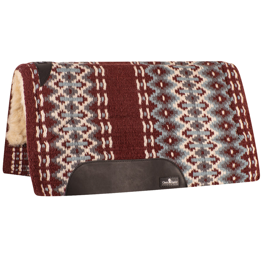 Burgundy wool saddle blanket with geometric pattern and fleece lining - Uhorse
