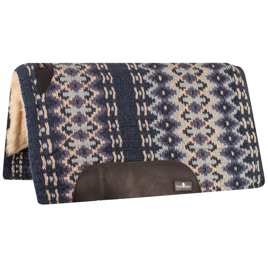 Navy wool saddle blanket with geometric pattern and leather binding - Uhorse