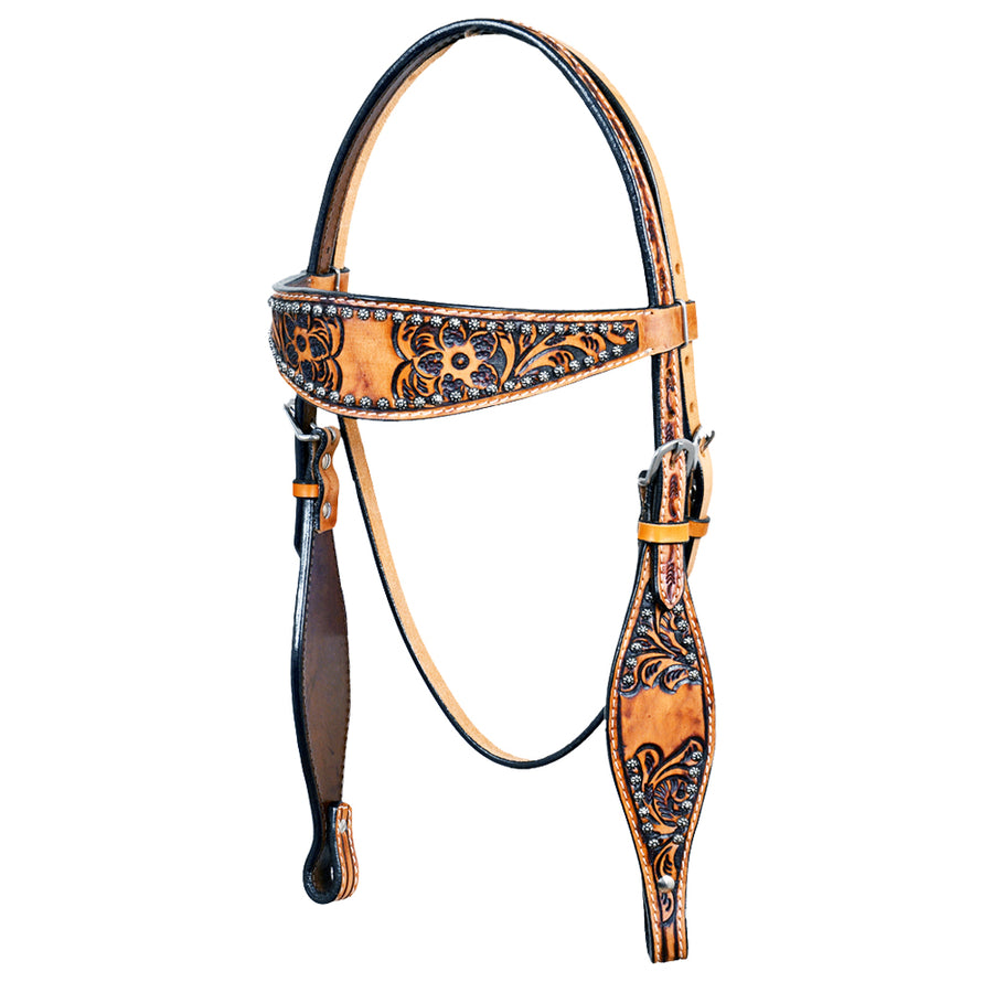 HILASON W. H. Genuine American Leather Headstall Floral Antique Tan – by Hilason – Cowboy and equestrian accessories
