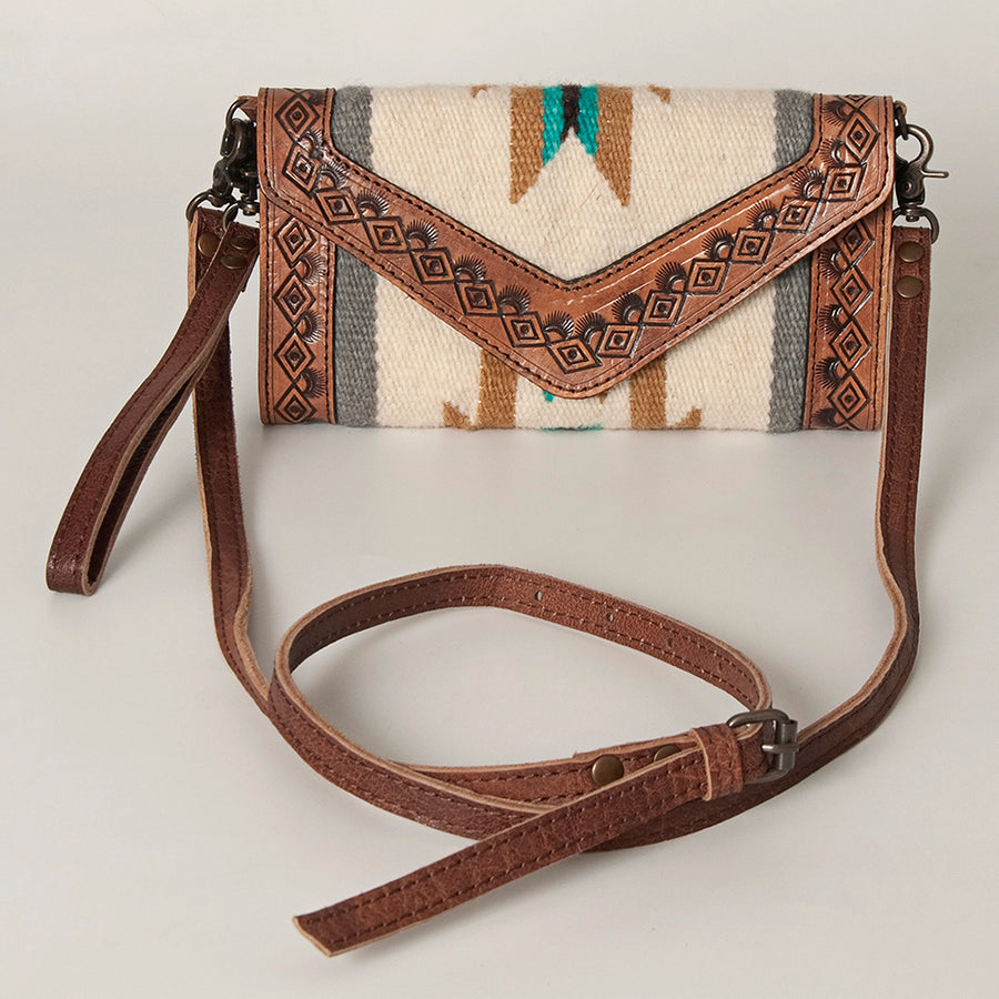 American Darling Envelope Western Hand Tooled Genuine Leather and Saddle Blanket Purse with Wristlet and YKK Zipper