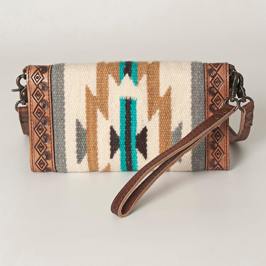 American Darling Envelope Western Hand Tooled Genuine Leather and Saddle Blanket Purse with Wristlet and YKK Zipper