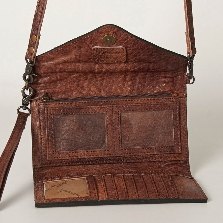 American Darling Envelope Western Hand Tooled Genuine Leather and Saddle Blanket Purse with Wristlet and YKK Zipper