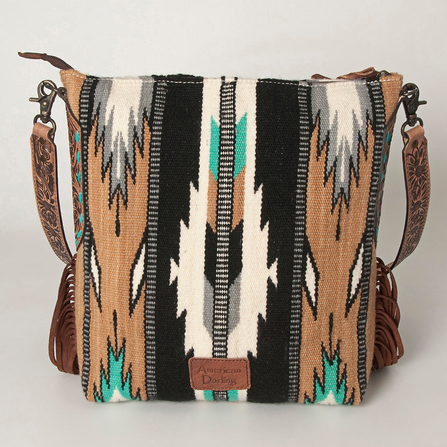 American Darling Cross body Bag Hand Woven Saddle Blanket Hand Tooled Western Leather Purse with Fringes 15in x 15in x 3in
