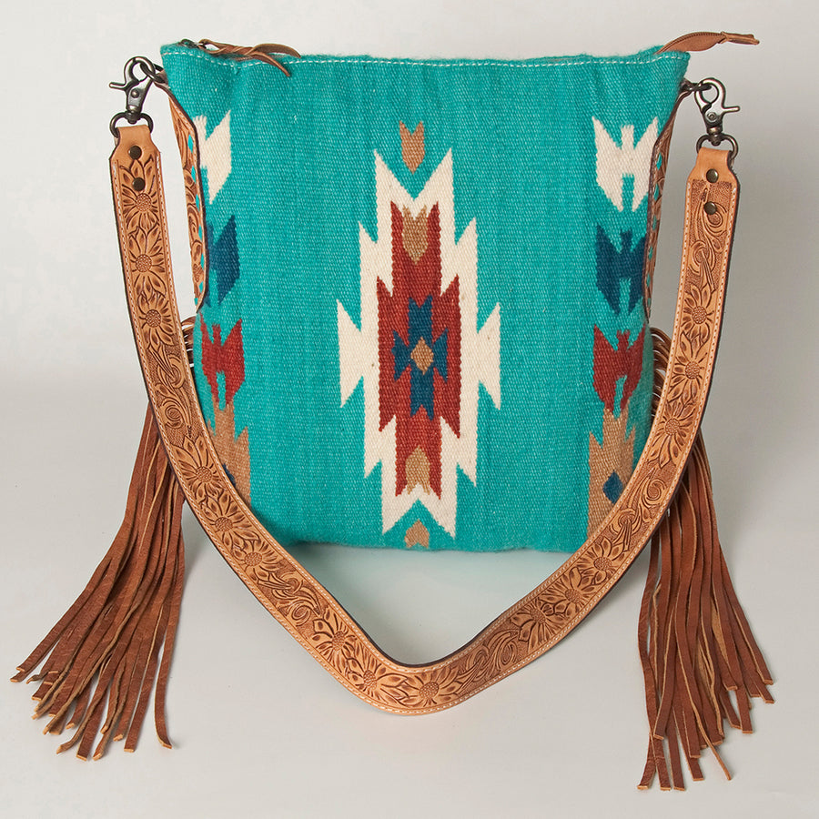 American Darling Cross body Bag Hand Woven Saddle Blanket Hand Tooled Western Leather Purse with Fringes 15in x 15in x 3in