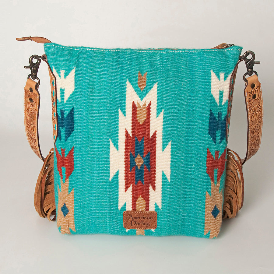American Darling Cross body Bag Hand Woven Saddle Blanket Hand Tooled Western Leather Purse with Fringes 15in x 15in x 3in