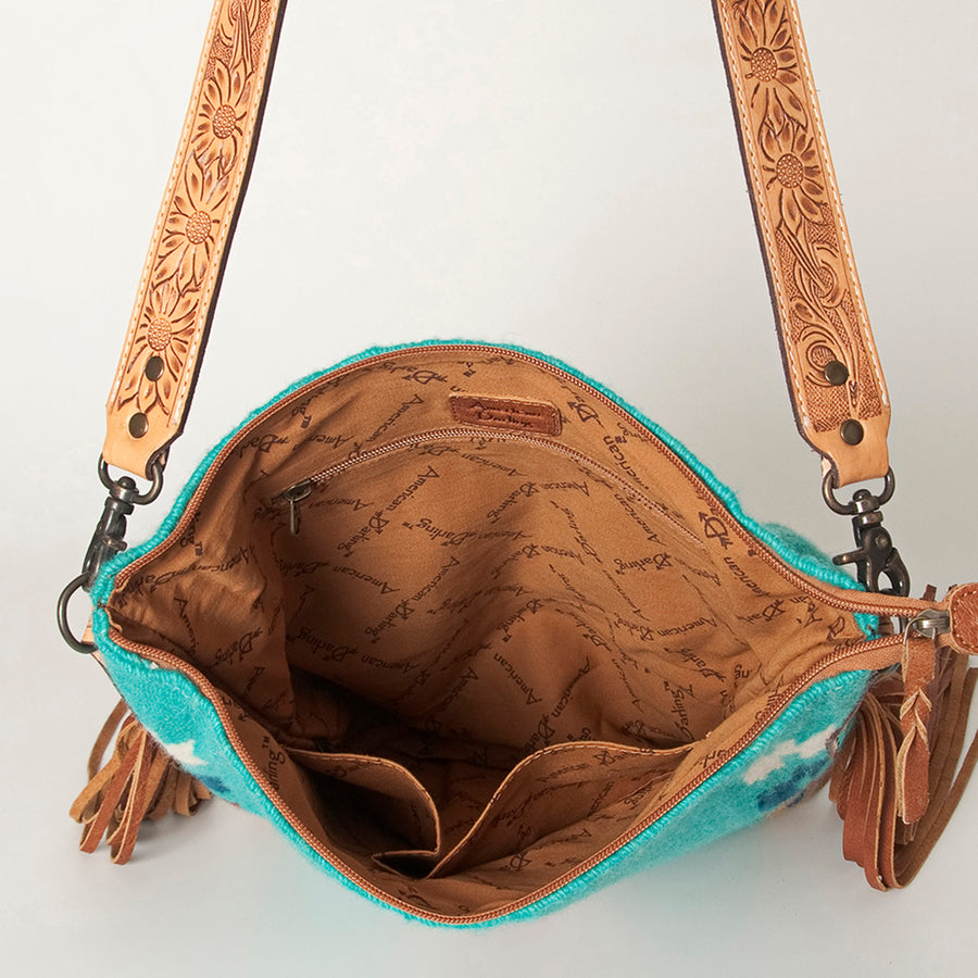 American Darling Cross body Bag Hand Woven Saddle Blanket Hand Tooled Western Leather Purse with Fringes 15in x 15in x 3in