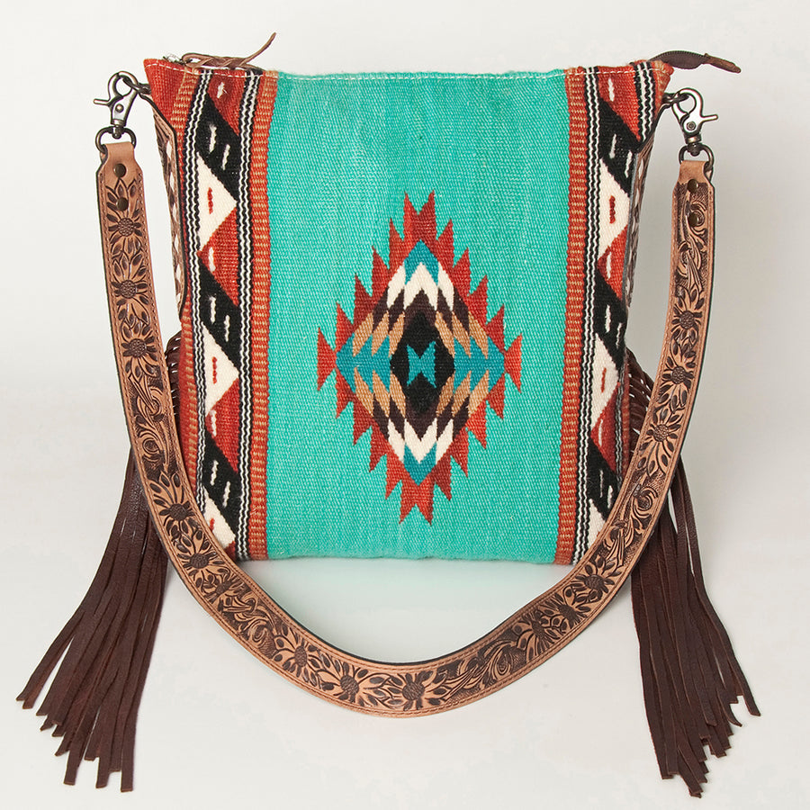 American Darling Cross body Bag Hand Woven Saddle Blanket Hand Tooled Western Leather Purse with Fringes 15in x 15in x 3in
