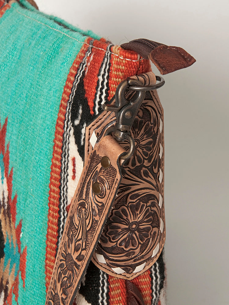 American Darling Cross body Bag Hand Woven Saddle Blanket Hand Tooled Western Leather Purse with Fringes 15in x 15in x 3in
