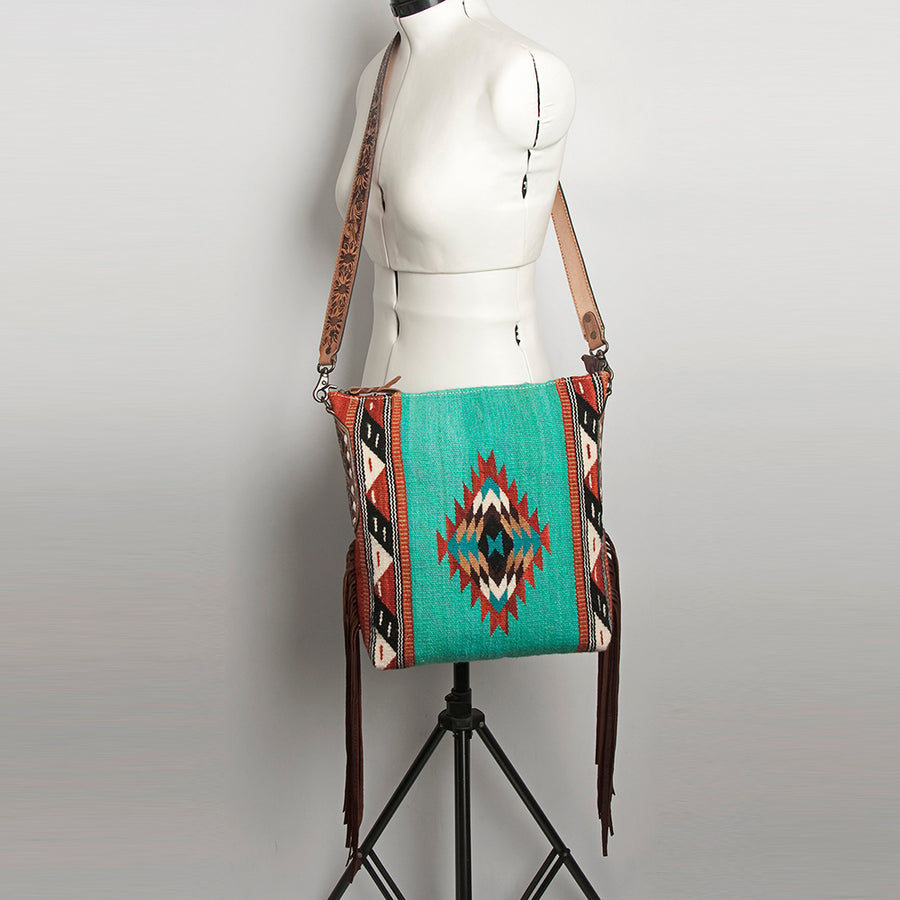 American Darling Cross body Bag Hand Woven Saddle Blanket Hand Tooled Western Leather Purse with Fringes 15in x 15in x 3in