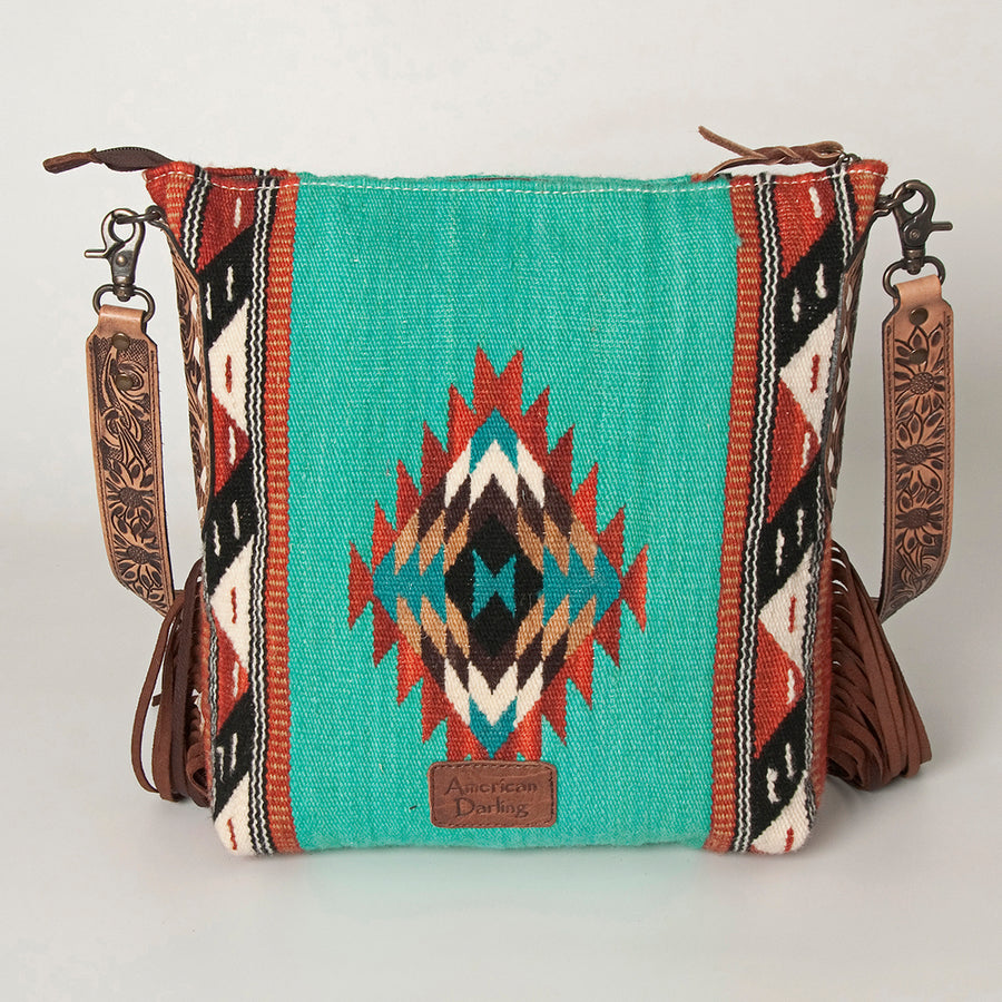 American Darling Cross body Bag Hand Woven Saddle Blanket Hand Tooled Western Leather Purse with Fringes 15in x 15in x 3in