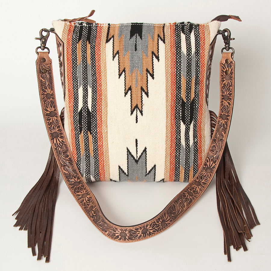 American Darling Cross body Bag Hand Woven Saddle Blanket Hand Tooled Western Leather Purse with Fringes 15in x 15in x 3in