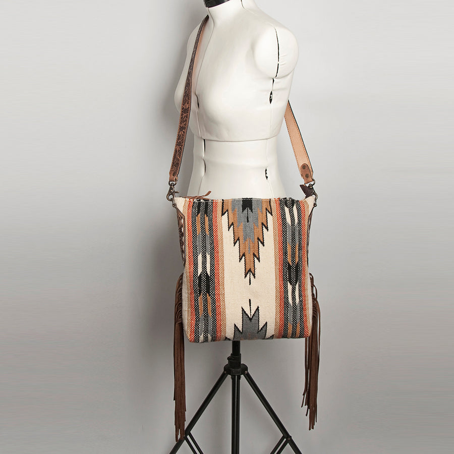 American Darling Cross body Bag Hand Woven Saddle Blanket Hand Tooled Western Leather Purse with Fringes 15in x 15in x 3in