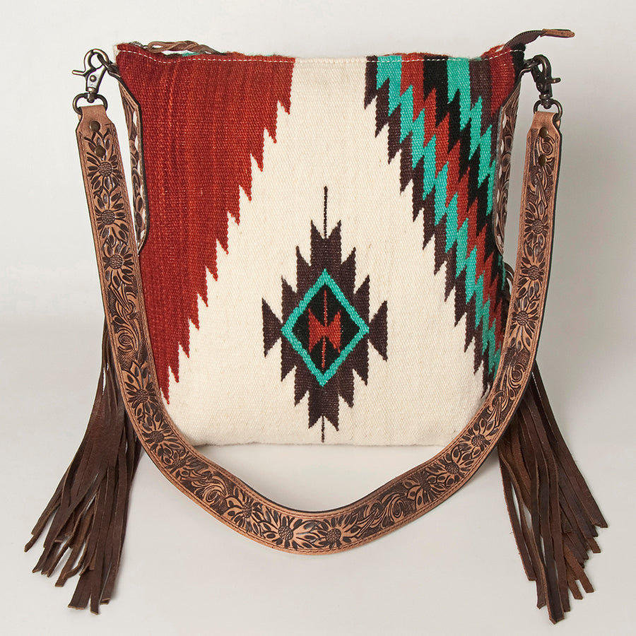 American Darling Cross body Bag Hand Woven Saddle Blanket Hand Tooled Western Leather Purse with Fringes 15in x 15in x 3in