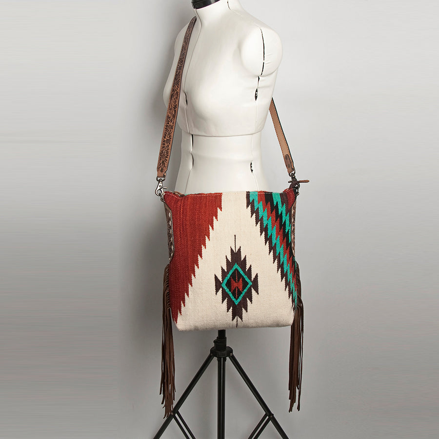 American Darling Cross body Bag Hand Woven Saddle Blanket Hand Tooled Western Leather Purse with Fringes 15in x 15in x 3in