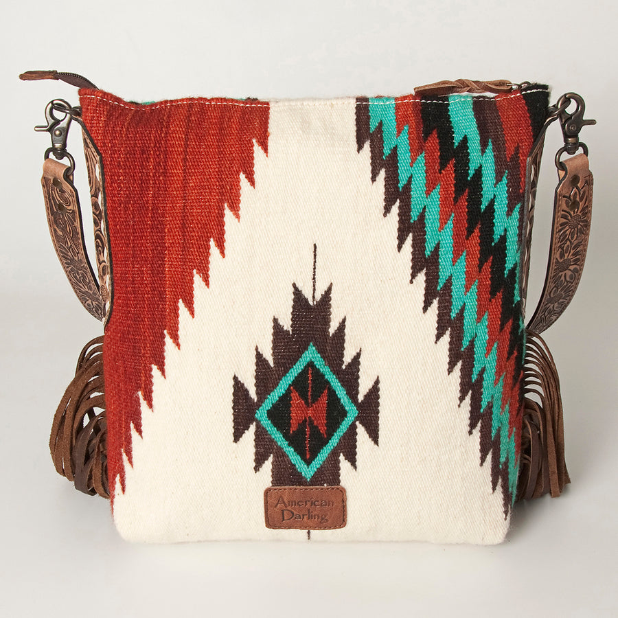 American Darling Cross body Bag Hand Woven Saddle Blanket Hand Tooled Western Leather Purse with Fringes 15in x 15in x 3in