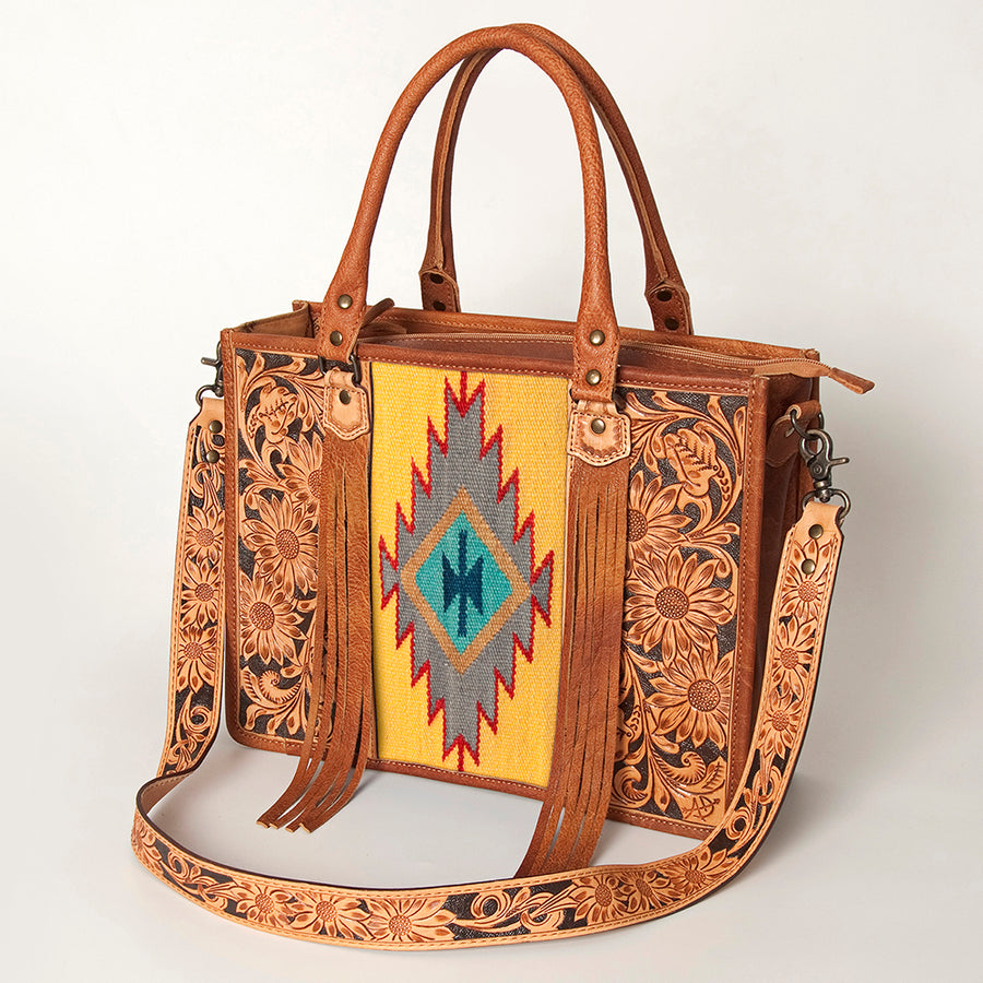 American Darling Hand Tooled Floral Western Leather Woven Saddle Blanket Tote Bag - Uhorse