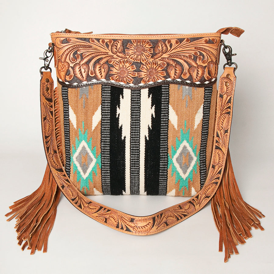 American Darling Signature Cross Body Bag Hand Tooled Floral Carved Leather Woven Saddle Blanket Fringes Genuine Leather