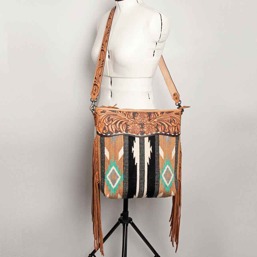 American Darling Signature Cross Body Bag Hand Tooled Floral Carved Leather Woven Saddle Blanket Fringes Genuine Leather
