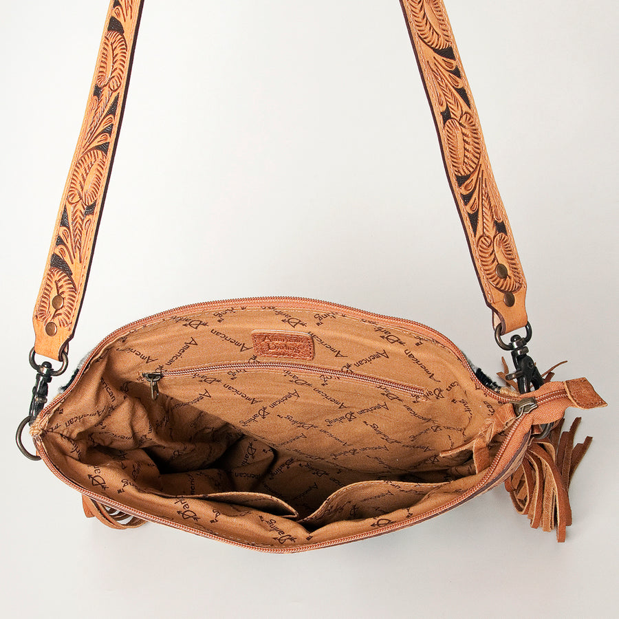 American Darling Signature Cross Body Bag Hand Tooled Floral Carved Leather Woven Saddle Blanket Fringes Genuine Leather