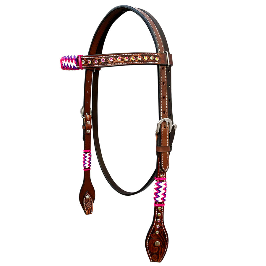 Bar H Equine Horse Genuine Leather RawHide Stud Headstall Brown - Uhorse