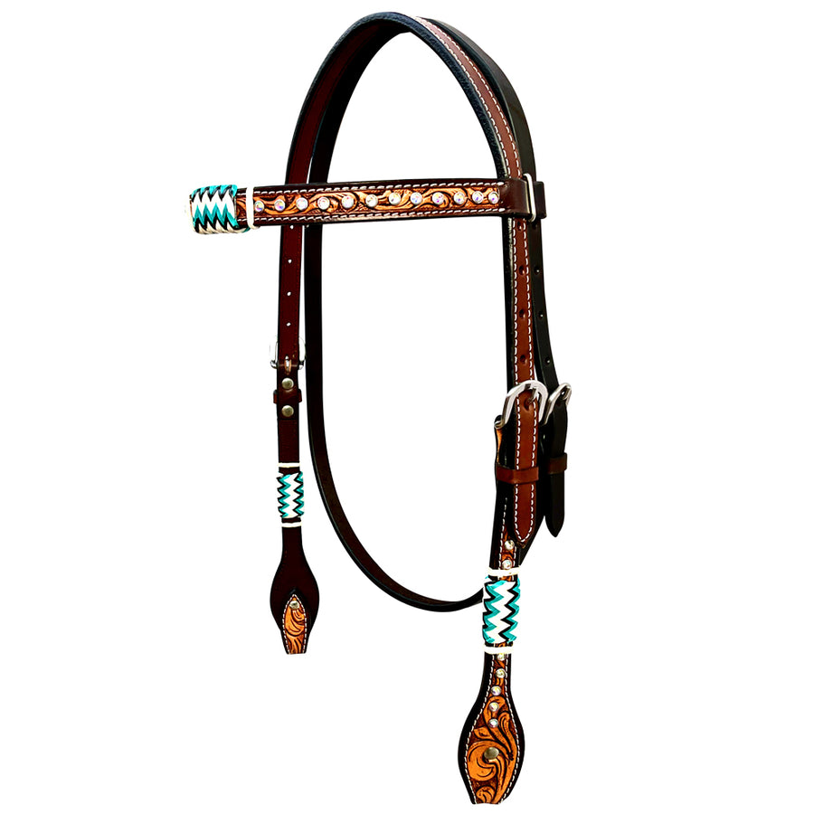 Bar H Equine Horse Genuine Leather RawHide Stud Headstall Brown - Uhorse