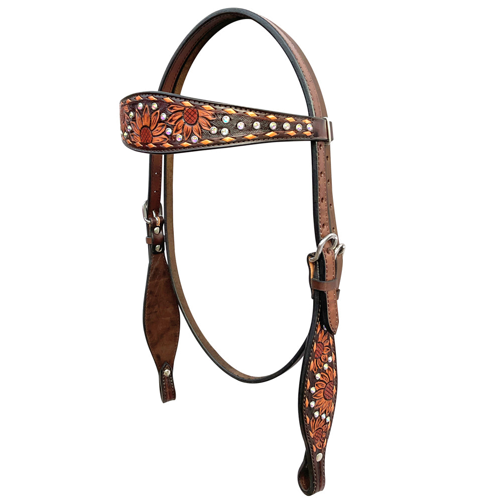 Sunflower Hand Carved Horse Western Leather Headstall Brown