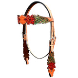 Bar H Equine Horse Genuine Leather Floral Design Hand Painted Breast Collar ,Headstall Brown