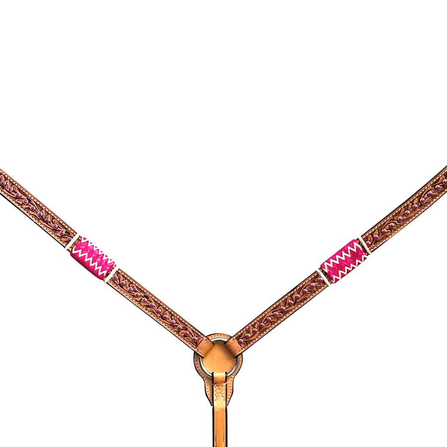 Brown leather breast collar with pink wrapped accents - Uhorse