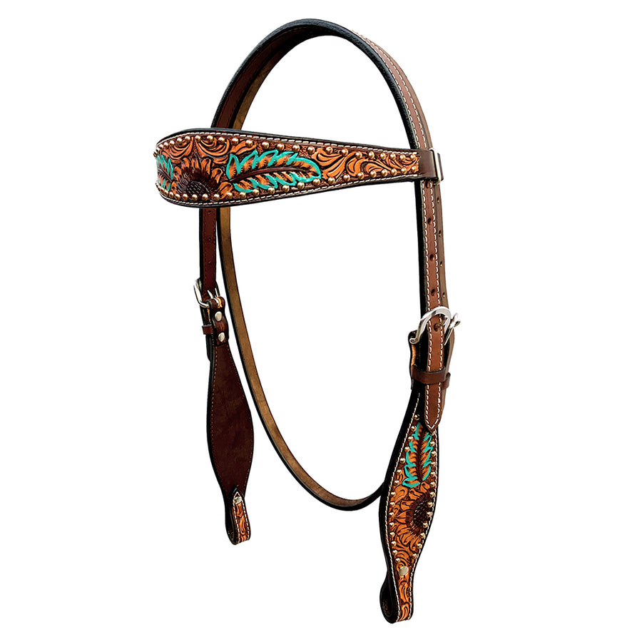 Brown leather headstall with tooled orange and turquoise decoration - Uhorse
