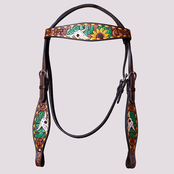 BAR H EQUINE Western Horse Floral Hand Painted Genuine Leather Headstall Brown - Uhorse