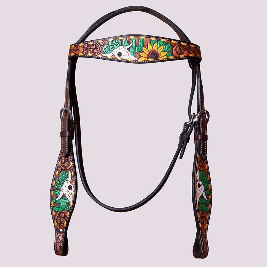 BAR H EQUINE Western Horse Floral Hand Painted Genuine Leather Headstall Brown - Uhorse