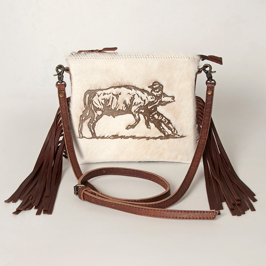 American Darling Western Small Crossbody Bag – Genuine Hair-On Cowhide Leather with Fringes, Adjustable Strap, Handcrafted in Texas