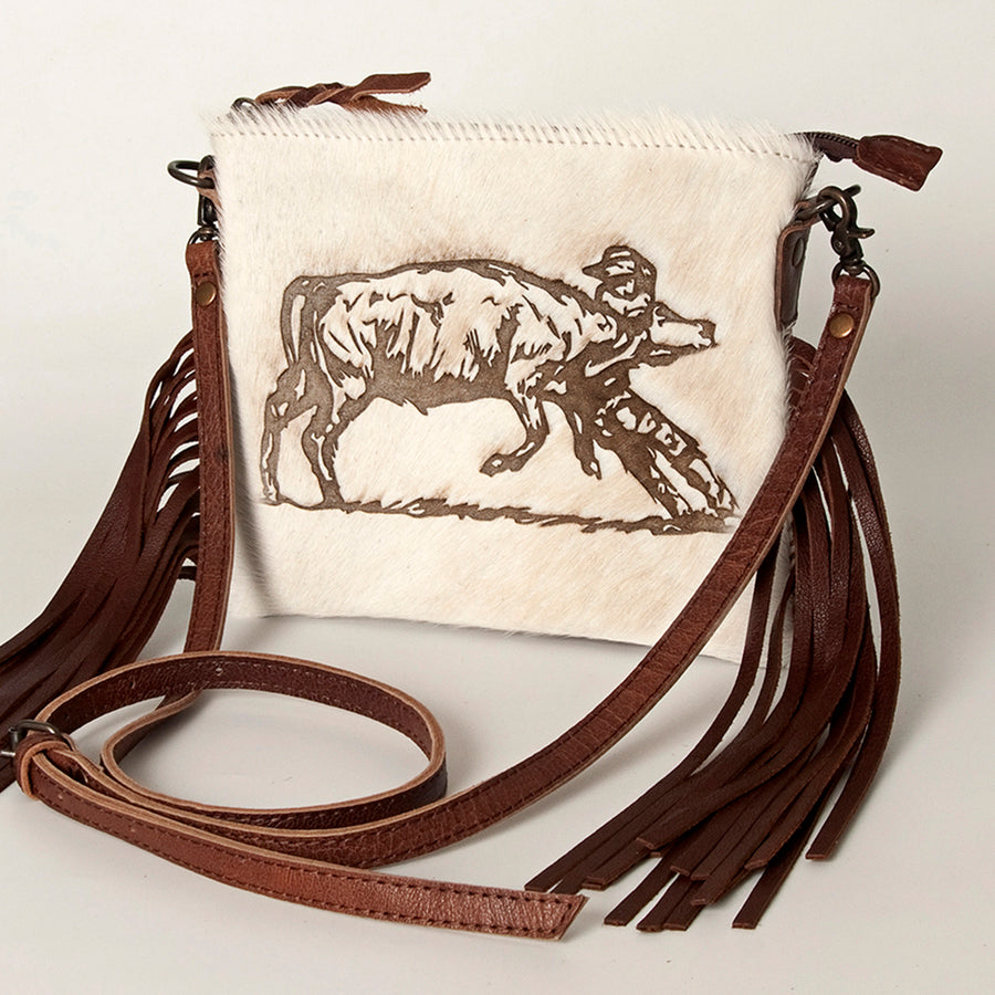 American Darling Western Leather Crossbody Bag Hair-On Cowhide and Fringe - Uhorse