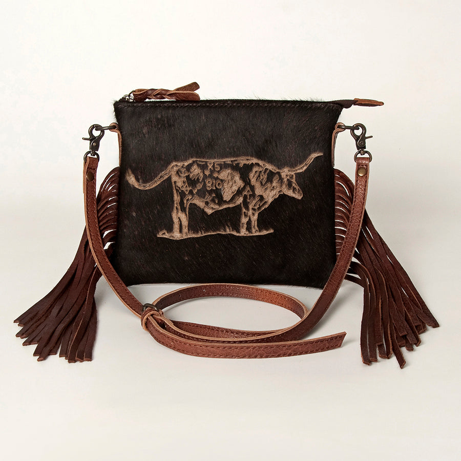 American Darling Western Small Crossbody Bag – Genuine Hair-On Cowhide Leather with Fringes, Adjustable Strap, Handcrafted in Texas