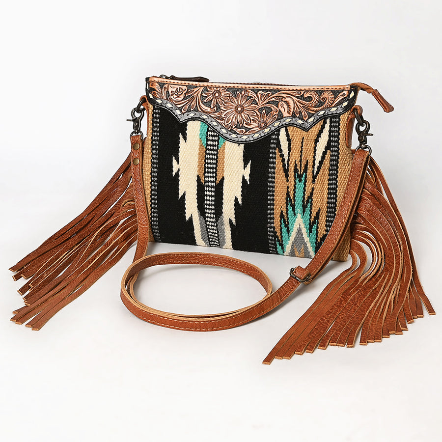 American Darling Hand-Tooled Floral Cross body Bag with Woven Saddle Blanket and Fringes - Uhorse