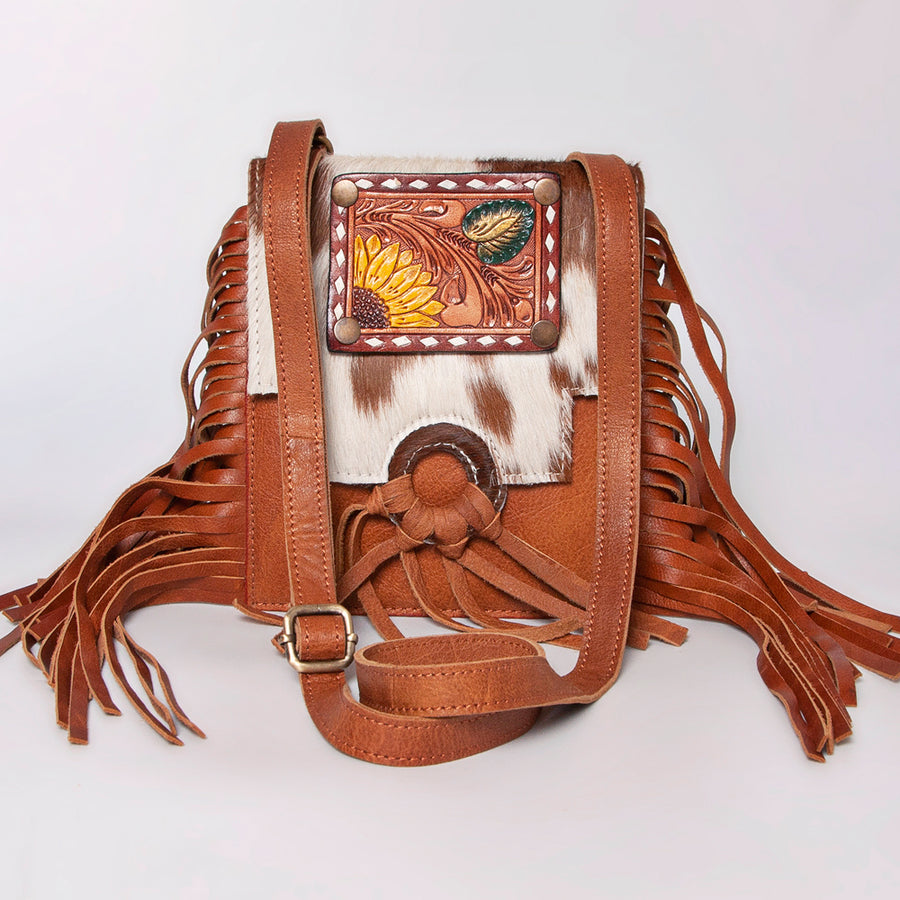 American Darling Cross body Bag, Hand Tooled Floral Leather, Hair-On Cowhide with Fringes, Western Handcrafted Purse