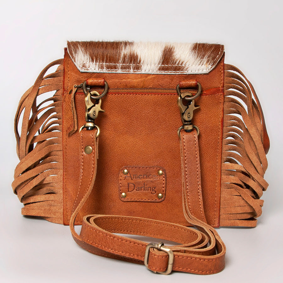 American Darling Cross body Bag, Hand Tooled Floral Leather, Hair-On Cowhide with Fringes, Western Handcrafted Purse