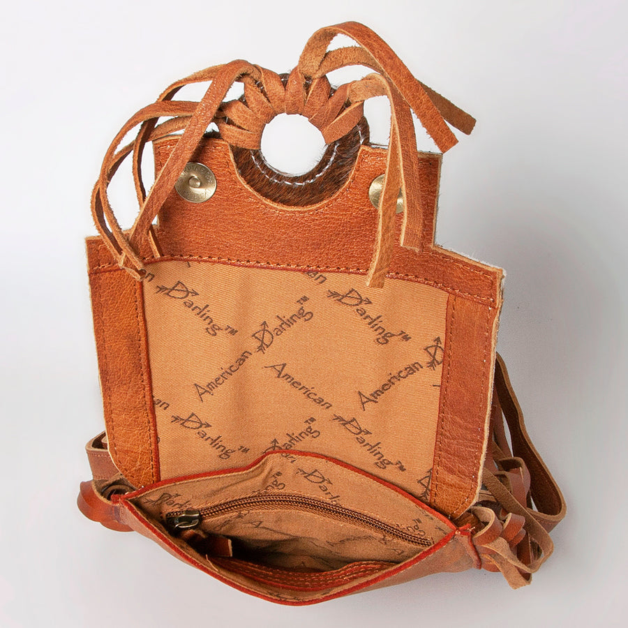 American Darling Cross body Bag, Hand Tooled Floral Leather, Hair-On Cowhide with Fringes, Western Handcrafted Purse